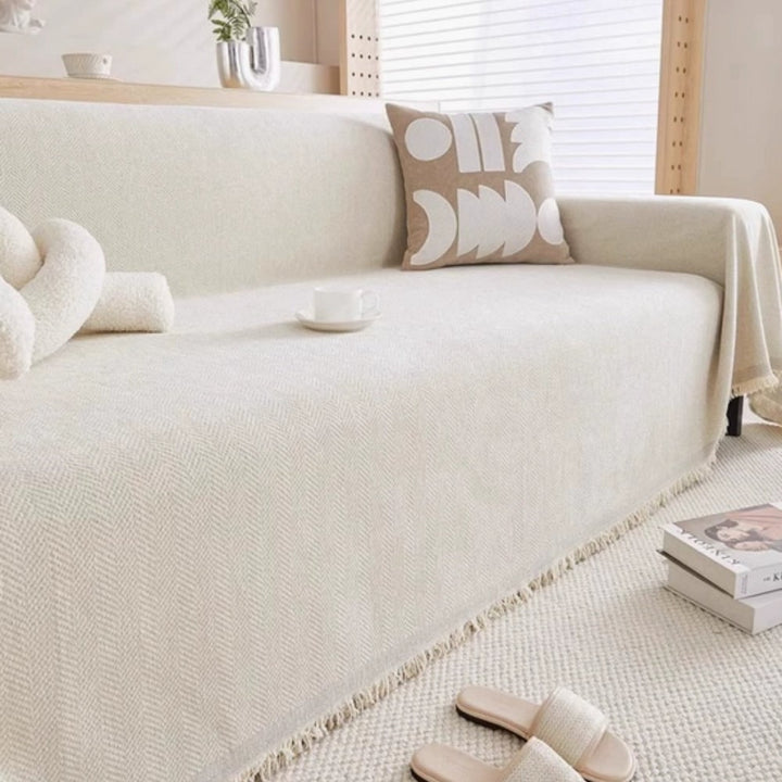 Sofa Throw Blanket with Woven Herringbone Pattern and Fringe Edges