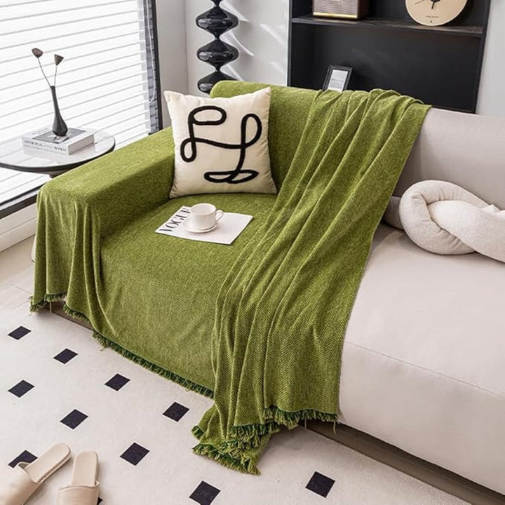 Sofa Throw Blanket with Woven Herringbone Pattern and Fringe Edges
