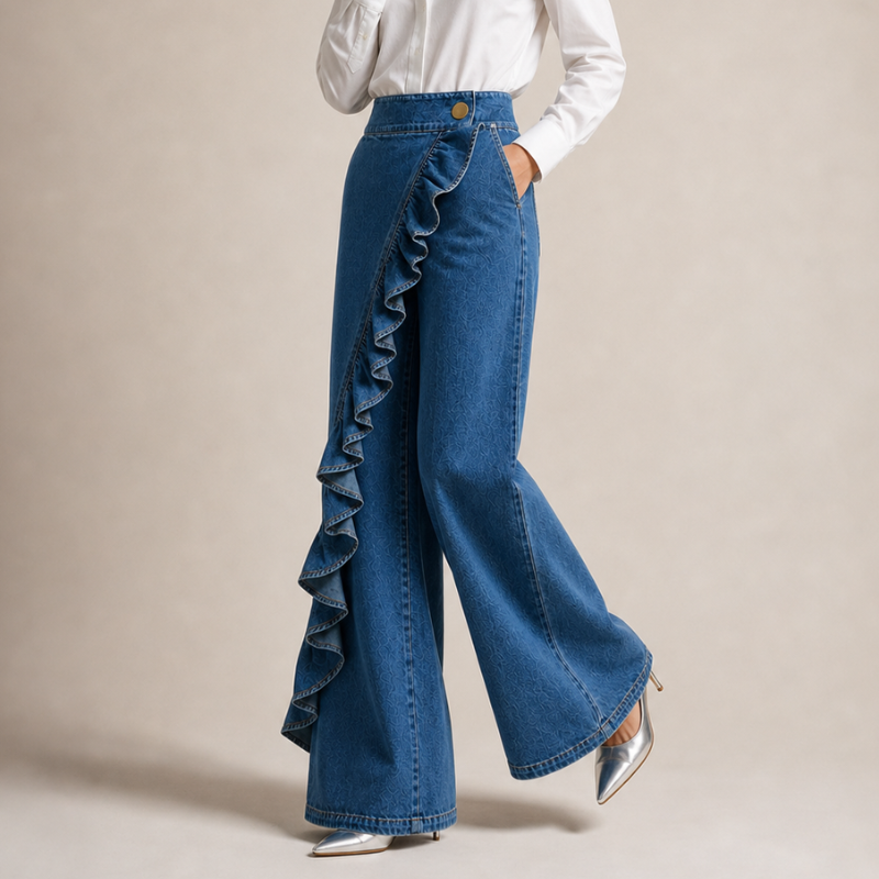 Women's Wide Denim Pants with Asymmetric Ruffle, Culotte Style
