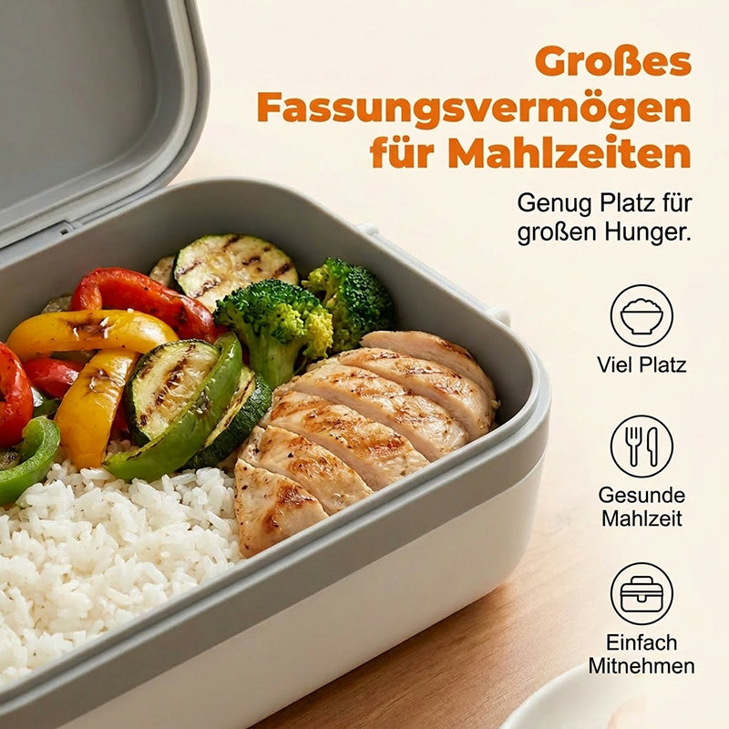 Cordless, self-heating electric lunch box with stainless steel insert.