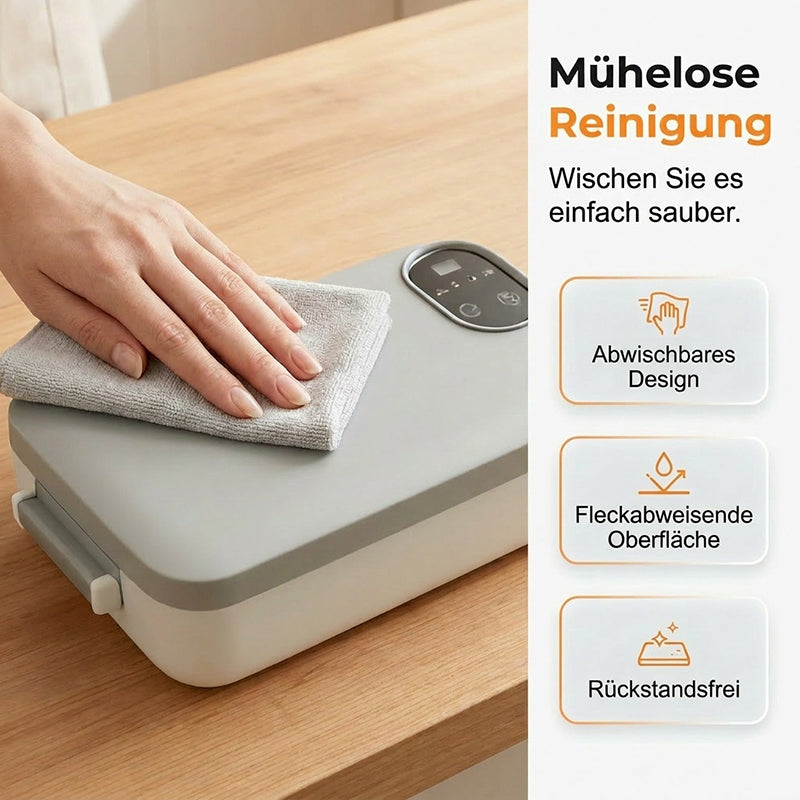 Cordless, self-heating electric lunch box with stainless steel insert.