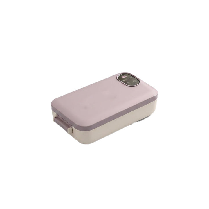 Cordless, self-heating electric lunch box with stainless steel insert.