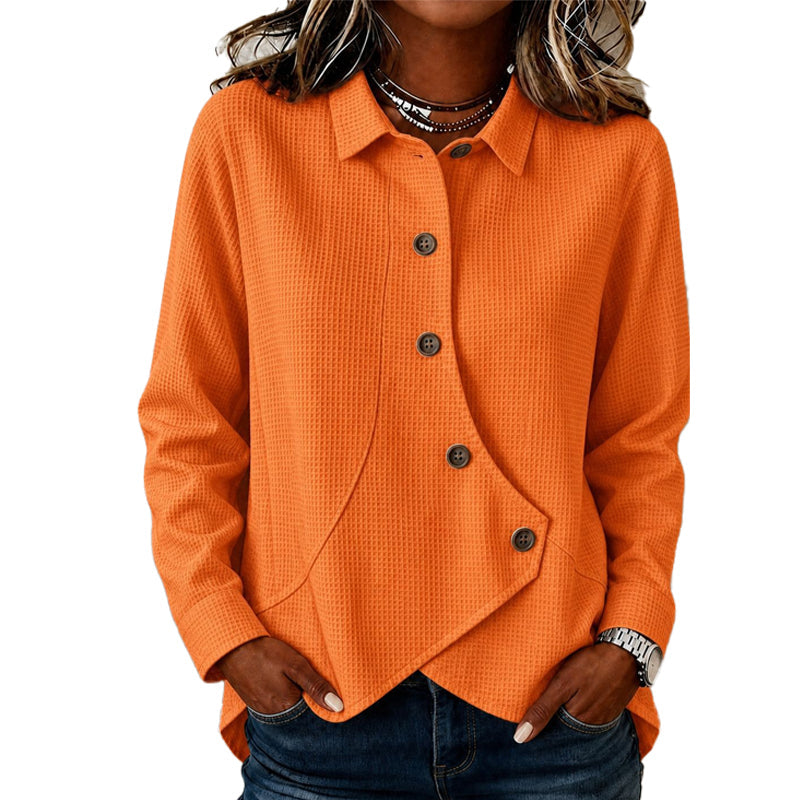 Women's Knit Top with Button Placket, Waffle Texture and Asymmetric Hem