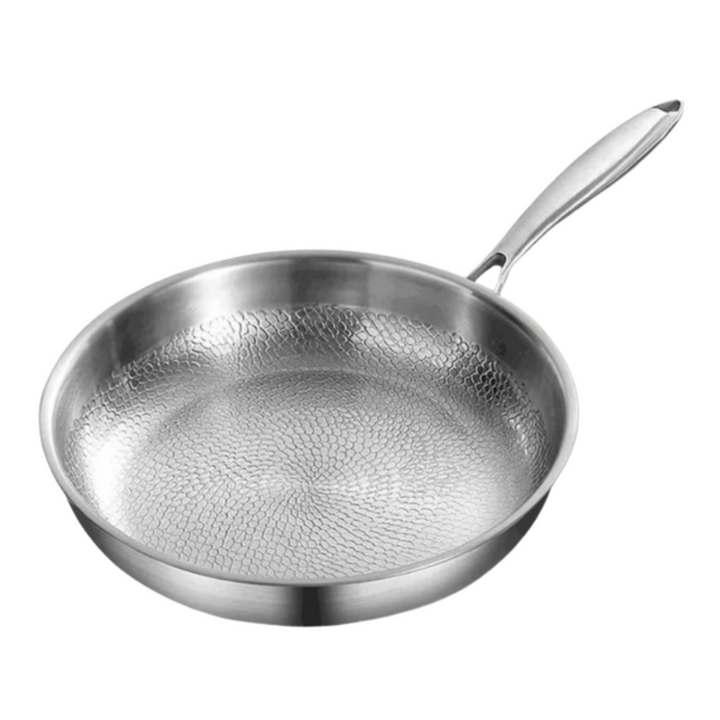 Stainless Steel Frying Pan with Hammered Interior and Riveted Handle