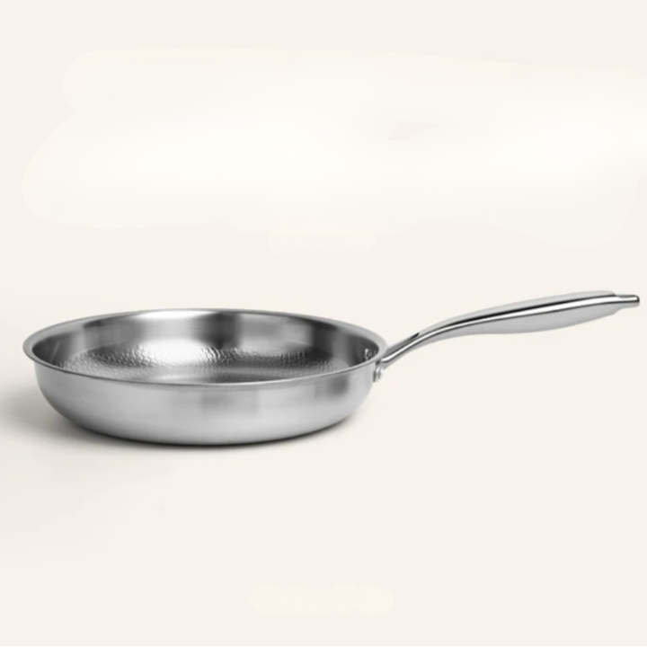 Stainless Steel Frying Pan with Hammered Interior and Riveted Handle