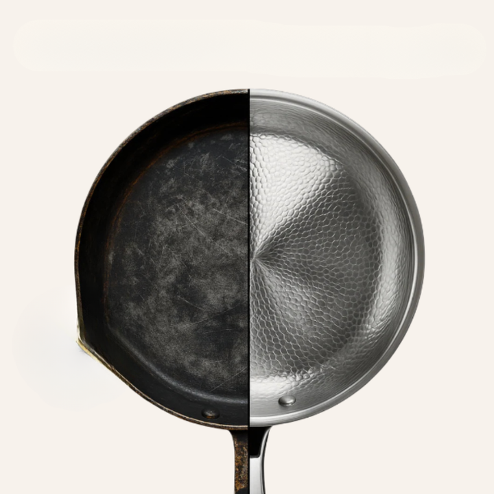 Stainless Steel Frying Pan with Hammered Interior and Riveted Handle