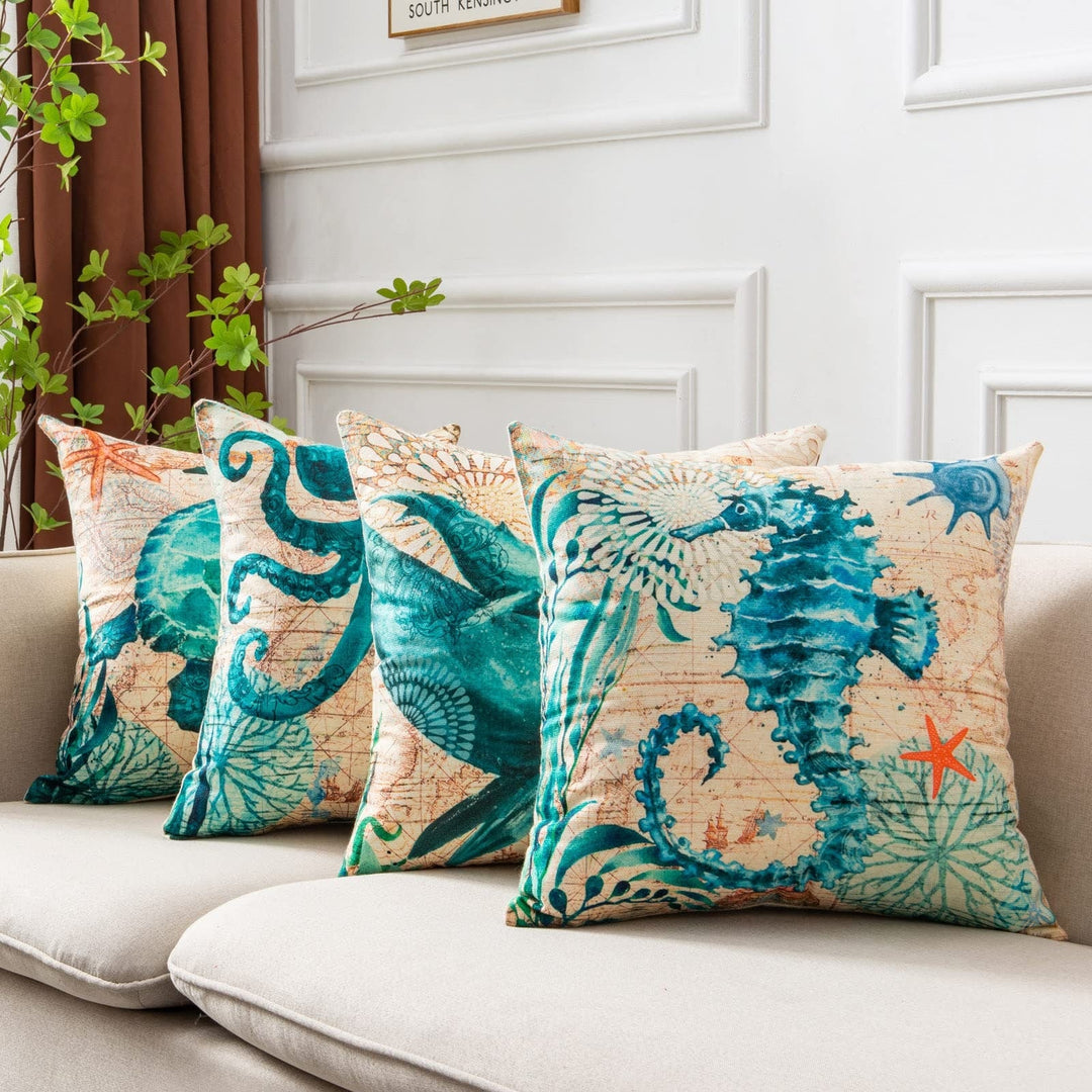 Throw Pillow Covers and Couch Cushion with Decorative Marine Life Prints Square Linen Set of 4