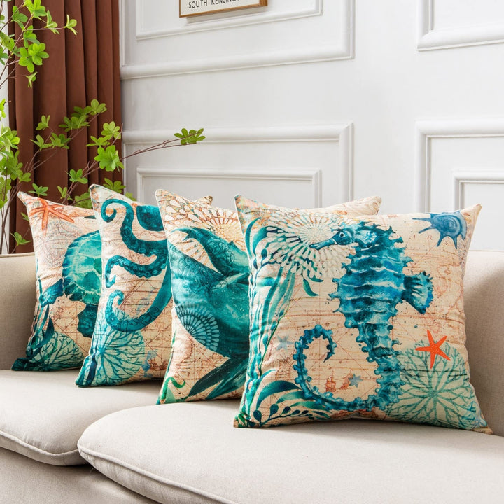Throw Pillow Covers and Couch Cushion with Decorative Marine Life Prints Square Linen Set of 4