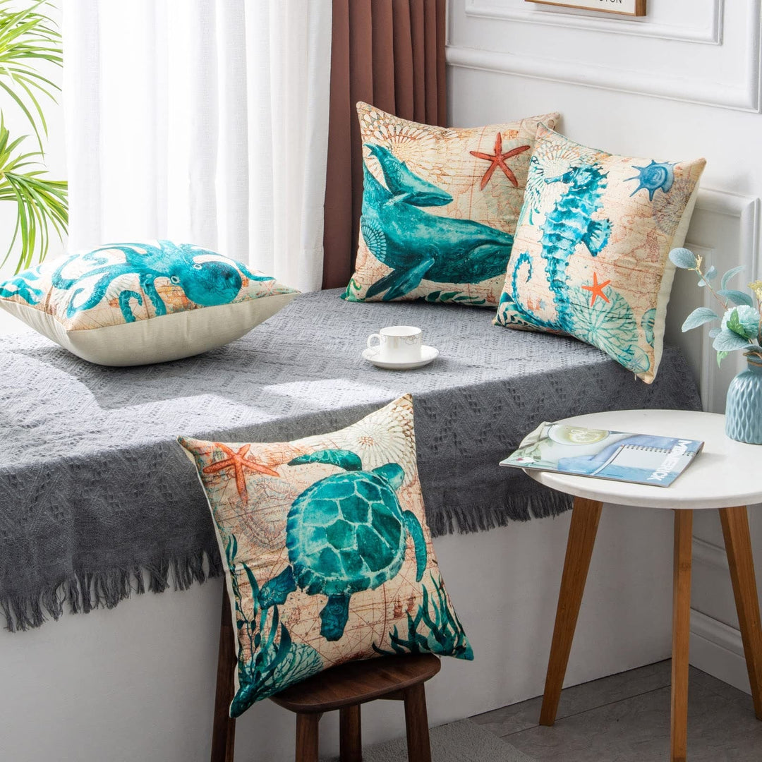 Throw Pillow Covers and Couch Cushion with Decorative Marine Life Prints Square Linen Set of 4