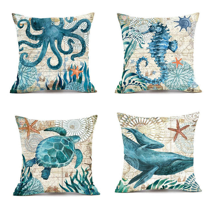 Throw Pillow Covers and Couch Cushion with Decorative Marine Life Prints Square Linen Set of 4
