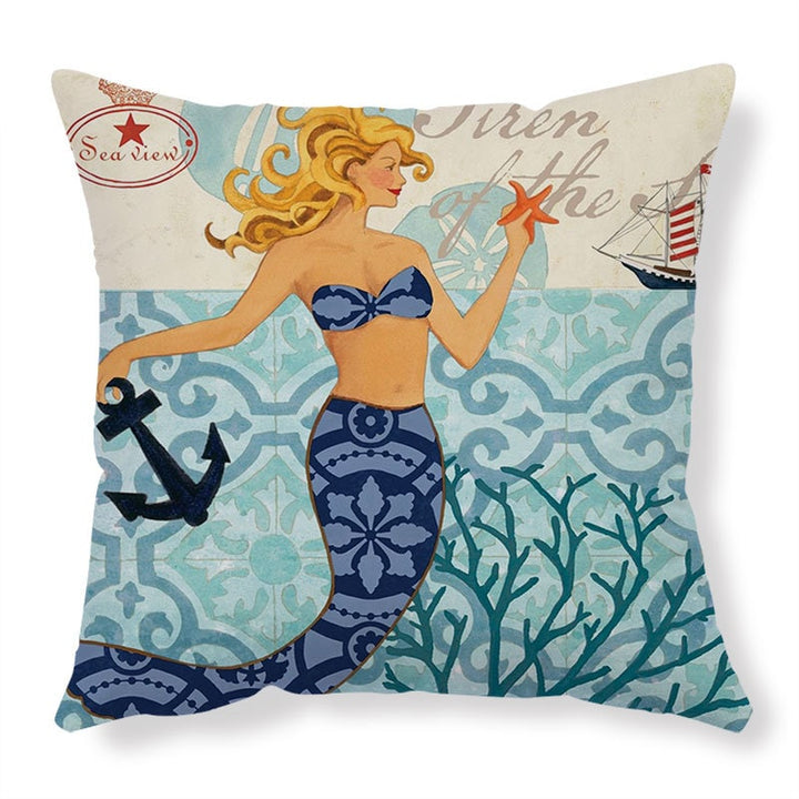 Throw Pillow Covers and Couch Cushion with Decorative Marine Life Prints Square Linen Set of 4