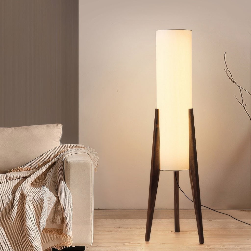 Tripod Floor Lamp with Tall Cylindrical Fabric Shade and Wooden Legs Scandinavian Design 127cm