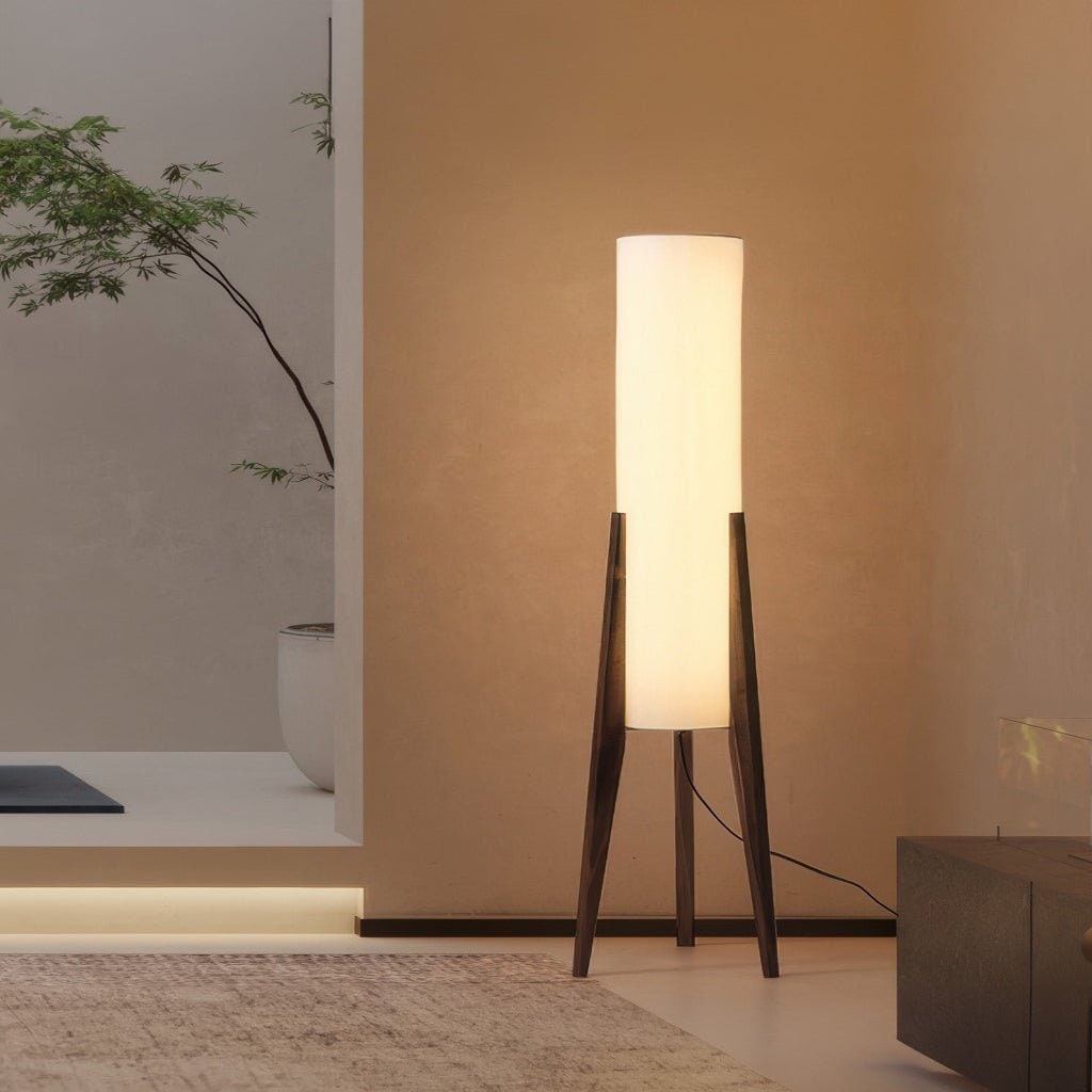 Tripod Floor Lamp with Tall Cylindrical Fabric Shade and Wooden Legs Scandinavian Design 127cm