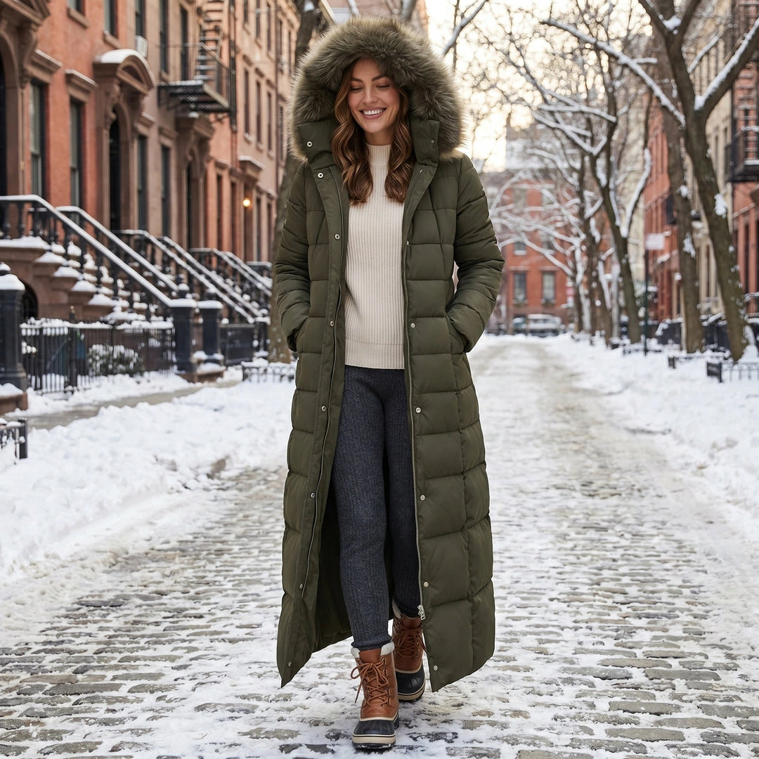 Women's Long Puffer Coat with Quilted Design Faux Fur Hood and Belted Waist