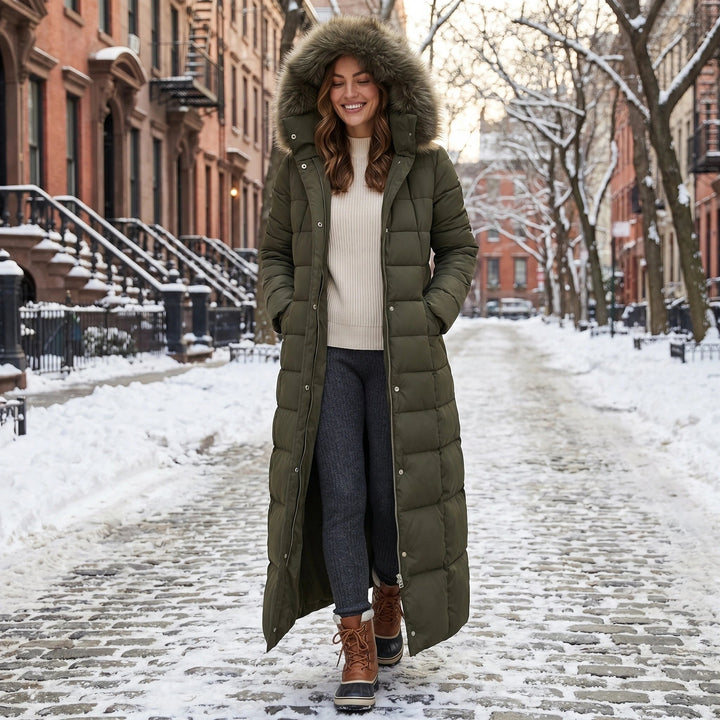 Women's Long Puffer Coat with Quilted Design Faux Fur Hood and Belted Waist