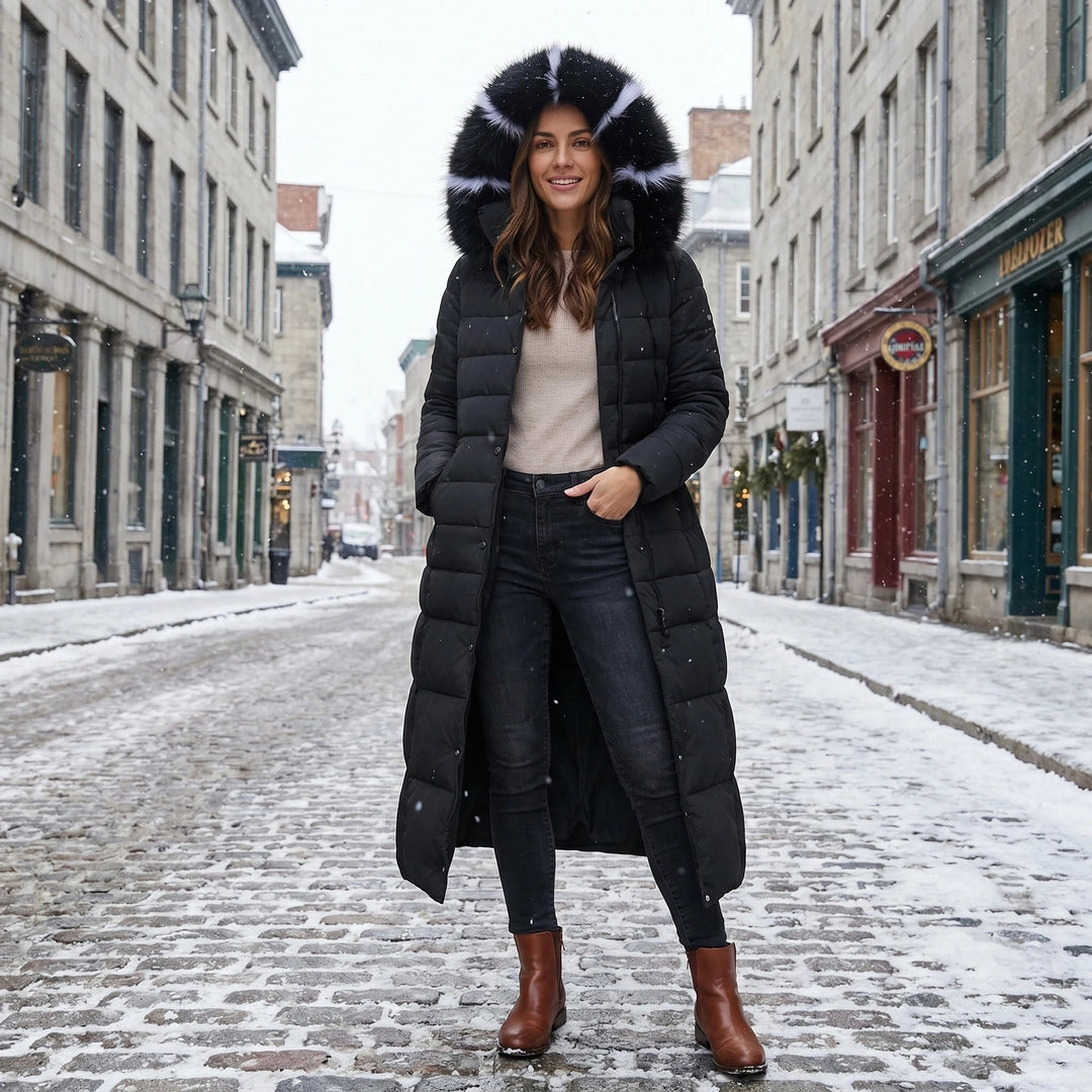 Women's Long Puffer Coat with Quilted Design Faux Fur Hood and Belted Waist