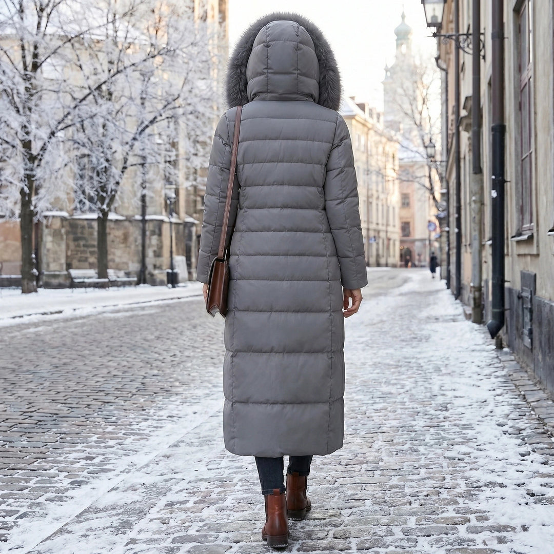 Women's Long Puffer Coat with Quilted Design Faux Fur Hood and Belted Waist