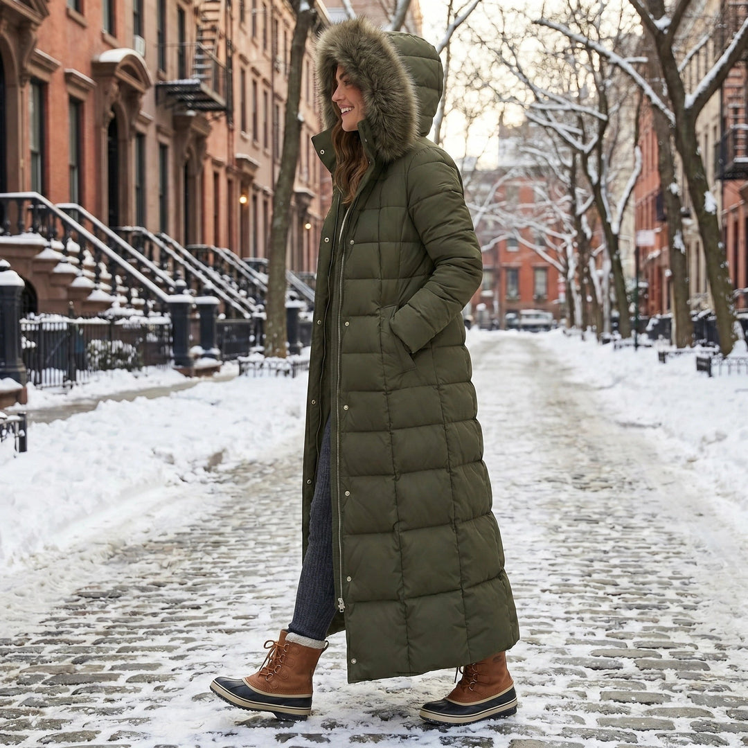 Women's Long Puffer Coat with Quilted Design Faux Fur Hood and Belted Waist
