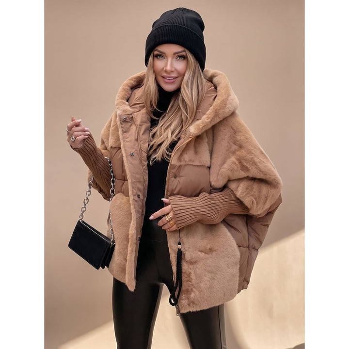Women's Puffer Jacket with Faux Fur Panels and Hooded Quilted Winter Design