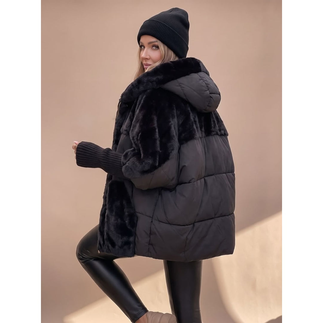 Women's Puffer Jacket with Faux Fur Panels and Hooded Quilted Winter Design