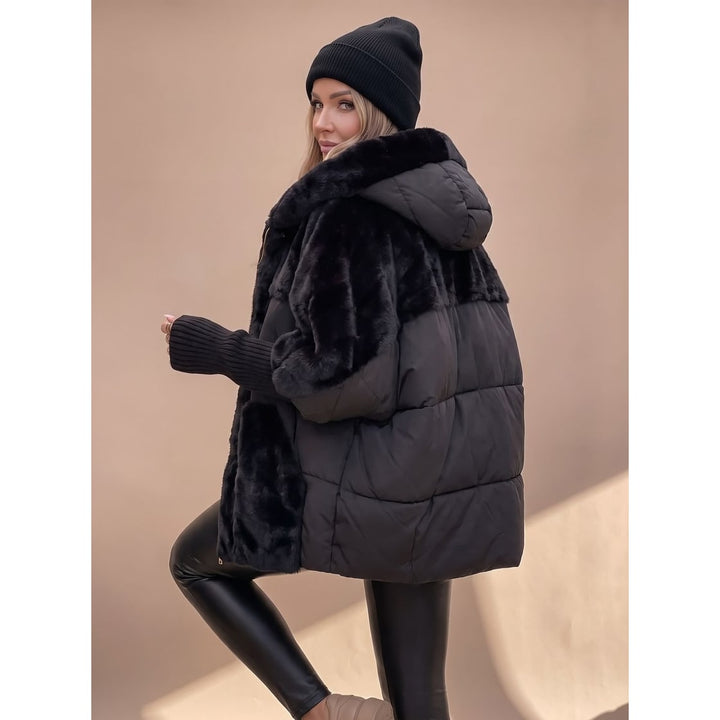 Women's Puffer Jacket with Faux Fur Panels and Hooded Quilted Winter Design