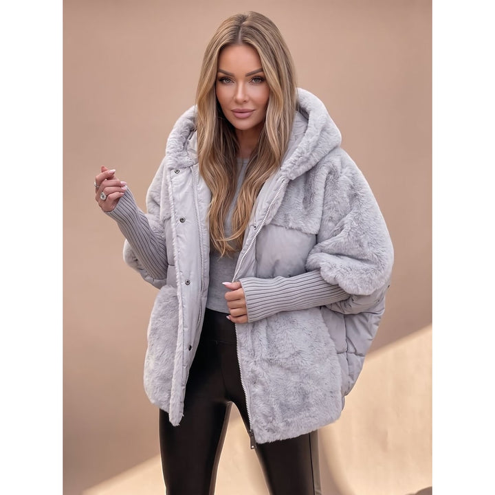 Women's Puffer Jacket with Faux Fur Panels and Hooded Quilted Winter Design