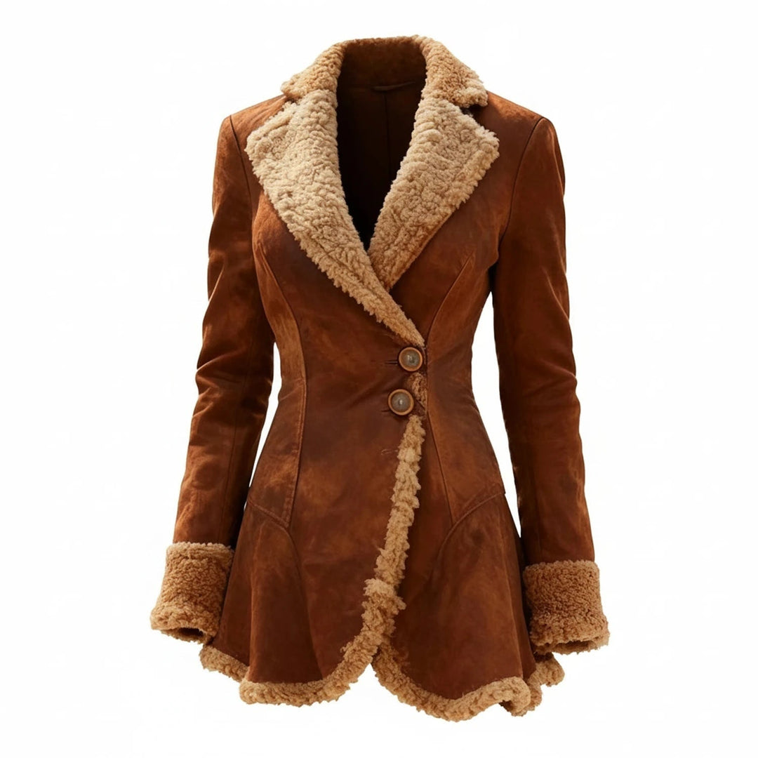 Women's Shearling Jacket with Faux Suede and Fur Trim Fitted Winter Coat