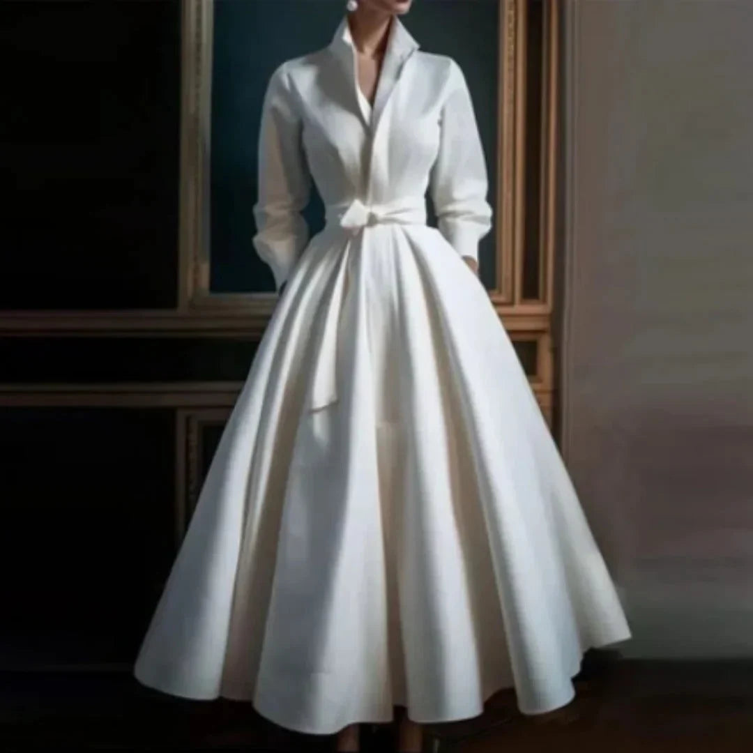 White Collared V-Neck A-Line Midi Dress with Belt