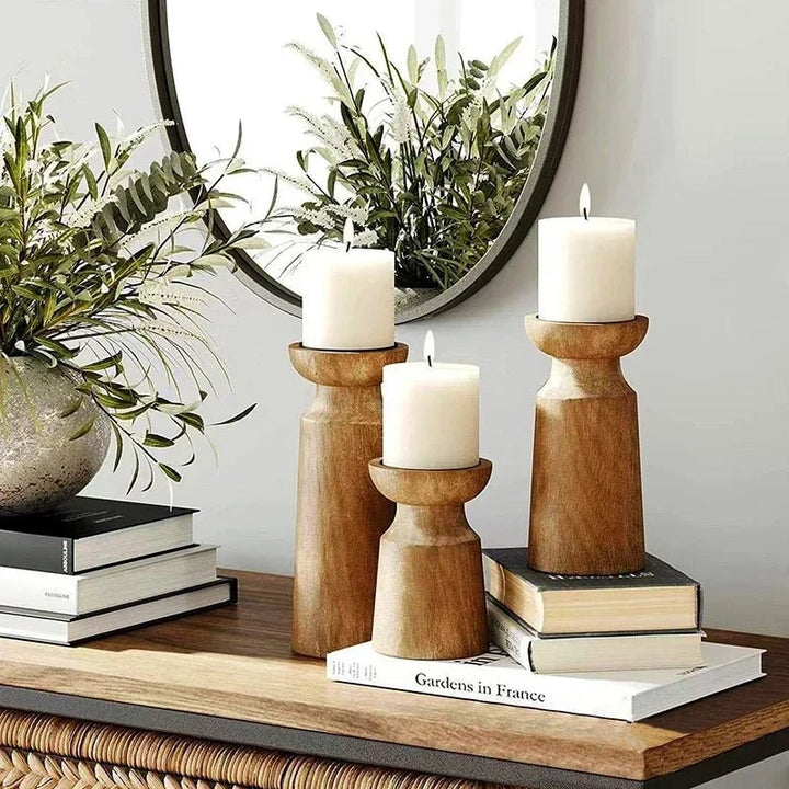 Wooden Candle Holders Set of 3 with Turned Wood Pillar Design and Graduated Heights